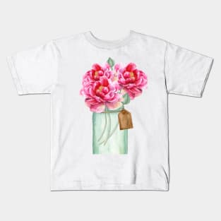 Watercolor, peonies, mason jar, jar, flowers, bouquet Kids T-Shirt